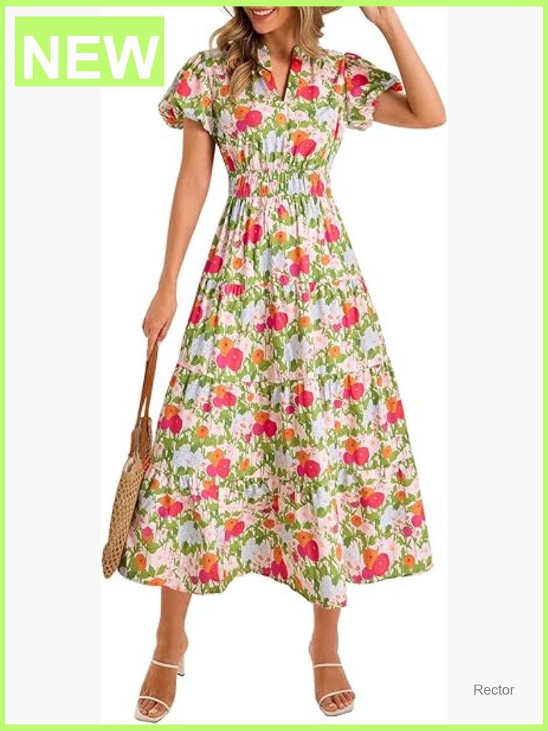 Boho Floral Maxi Dress V Neck Puff Sleeve Smocked Waist Side Pockets